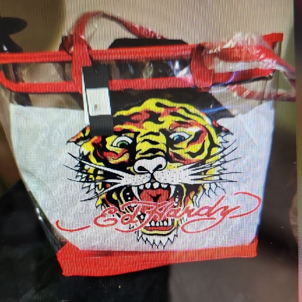 Ed Hardy Red & Clear PVC/ Tiger Graphic Tote Bag/ NWT/ Zip Top/Shoulder Handles - Picture 4 of 7